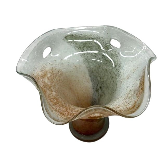 Handblown Glass Art Vase With Wavy Rim & Earth Tone Swirl Design