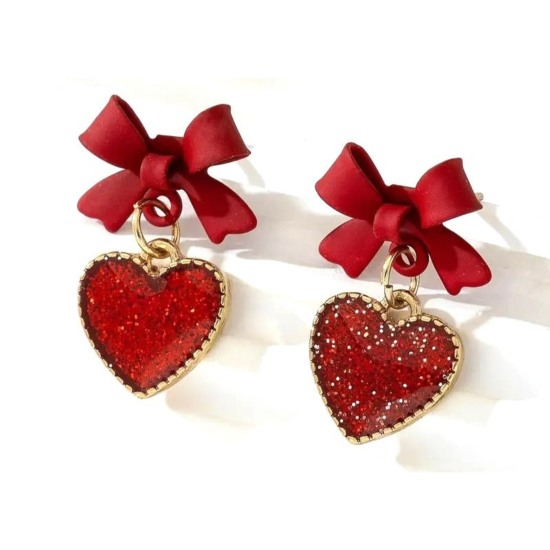 Red Bow & Glitter Heart Dangle Earrings
