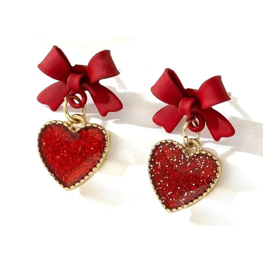 Red Bow & Glitter Heart Dangle Earrings