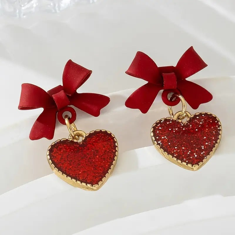 Red Bow & Glitter Heart Dangle Earrings