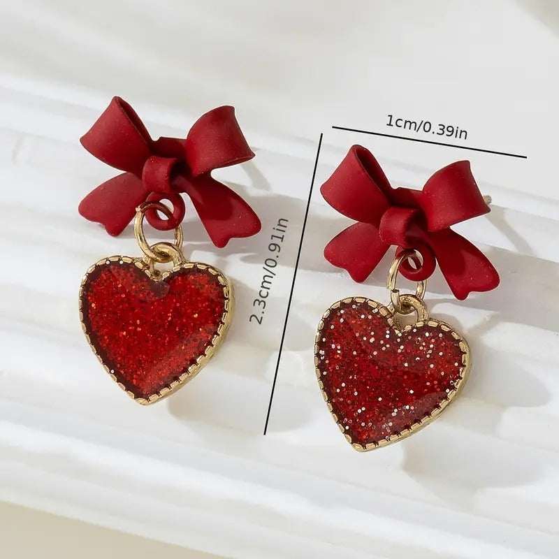 Red Bow & Glitter Heart Dangle Earrings
