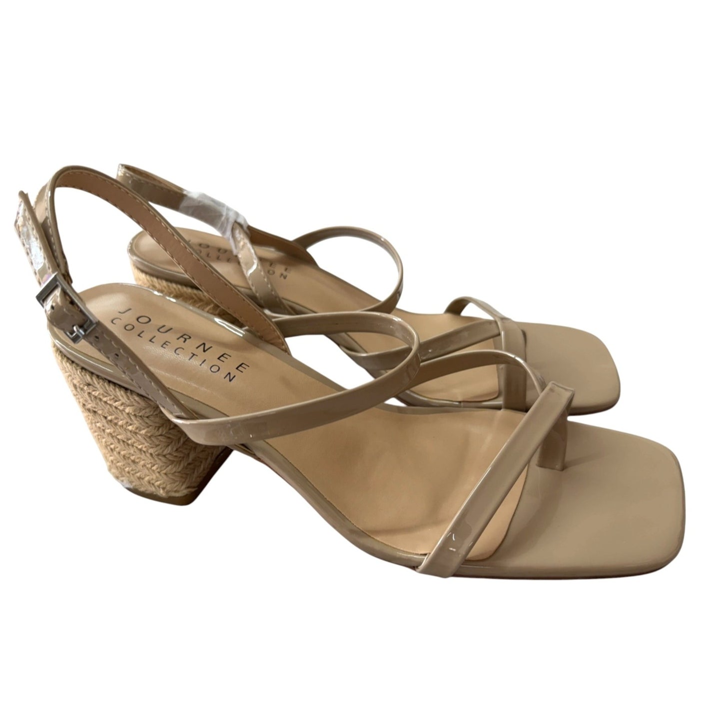 Journee Collection Olivina Taupe Faux Patent Leather Block Heel Sandals Size 9