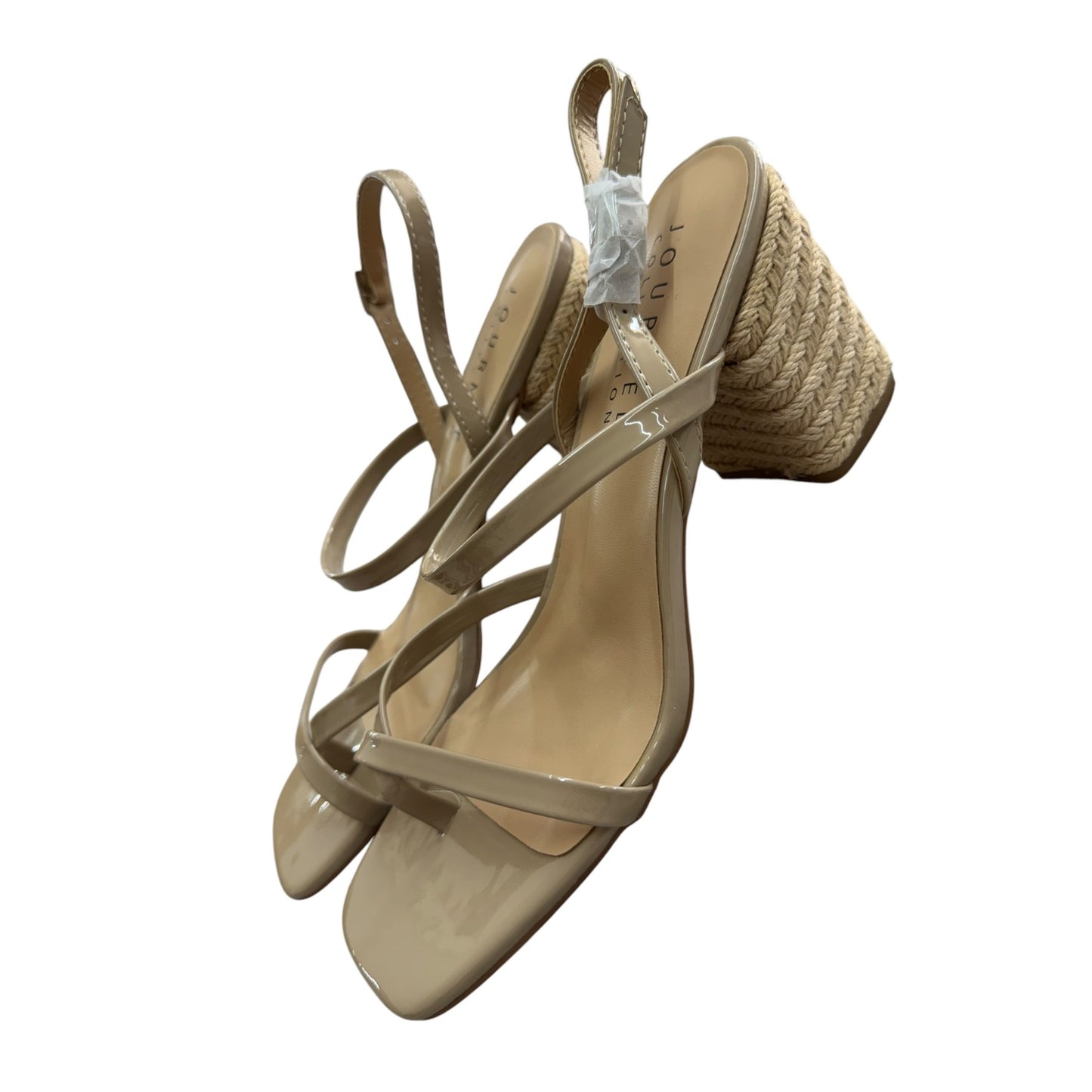 Journee Collection Olivina Taupe Faux Patent Leather Block Heel Sandals Size 9