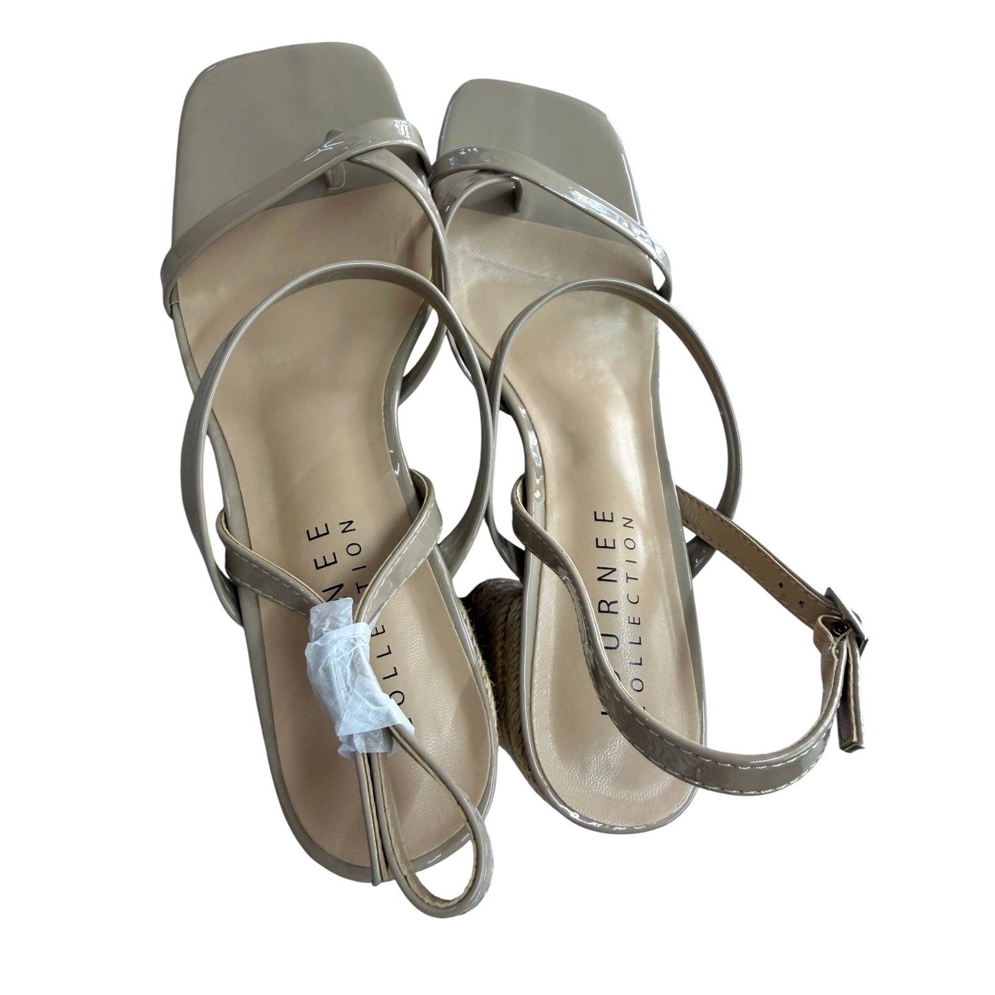 Journee Collection Olivina Taupe Faux Patent Leather Block Heel Sandals Size 9