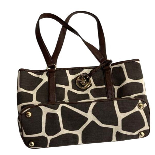 Michael Kors Brown & Cream Giraffe Print Canvas Tote Bag With Gold Hardware
