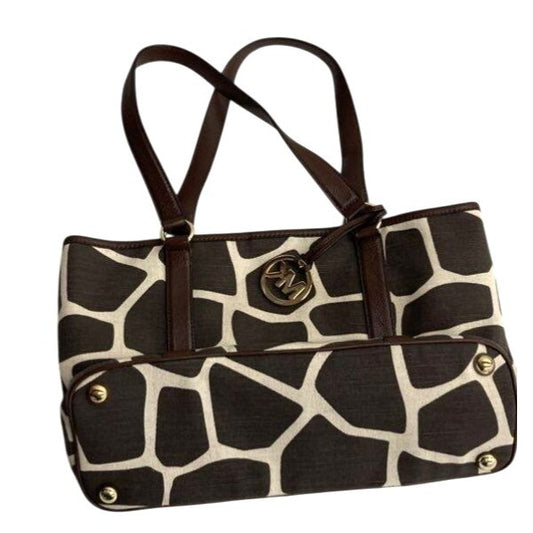 Michael Kors Brown & Cream Giraffe Print Canvas Tote Bag With Gold Hardware