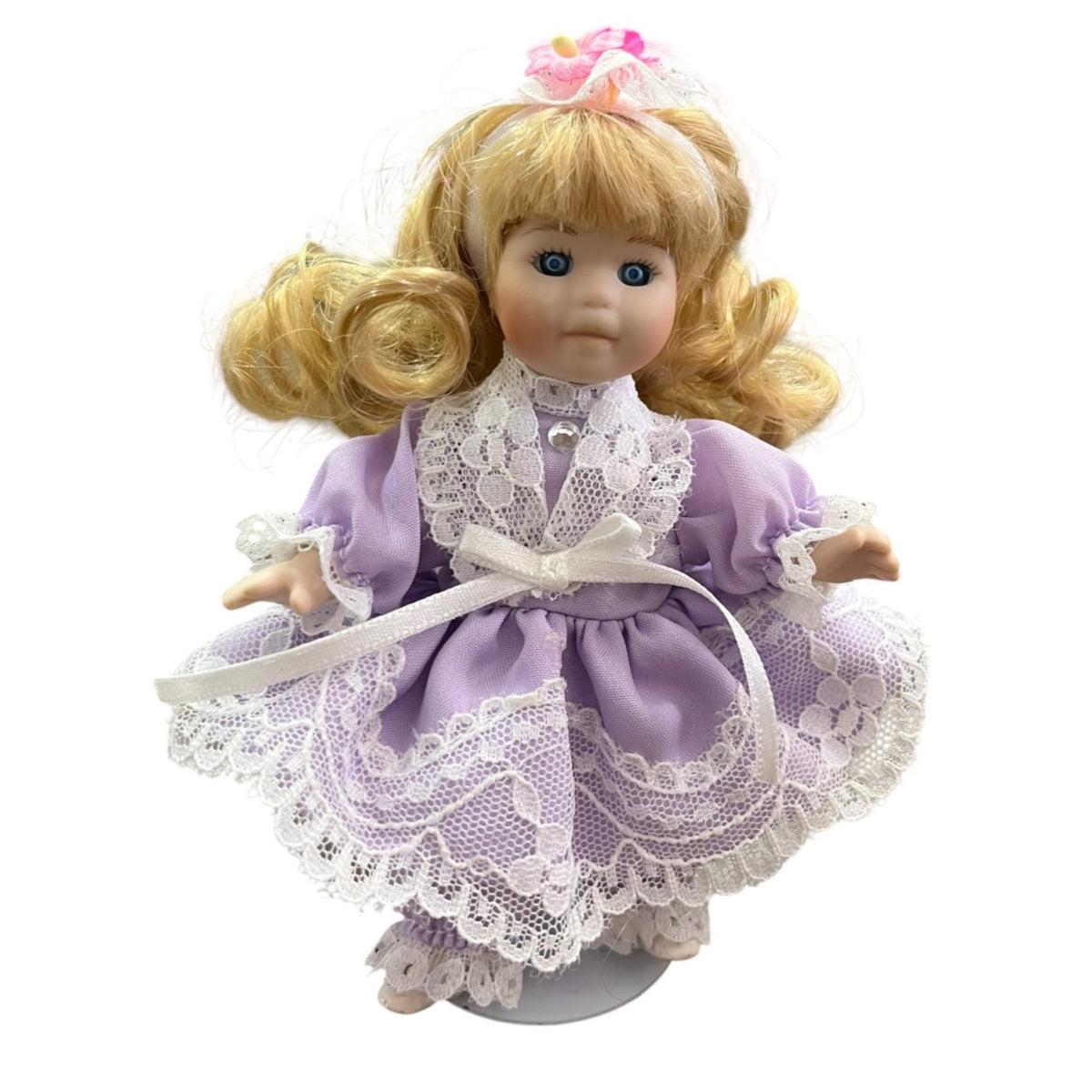 Vintage Miniature Porcelain Doll With Blonde Hair & Purple Lace Dress