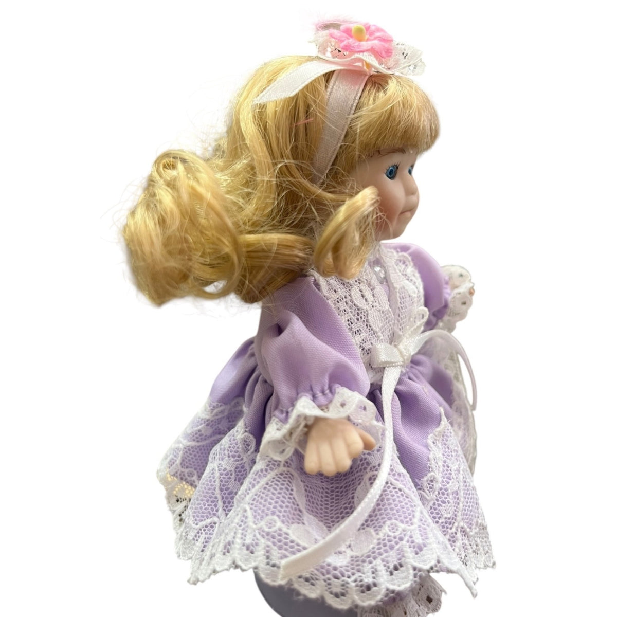 Vintage Miniature Porcelain Doll With Blonde Hair & Purple Lace Dress