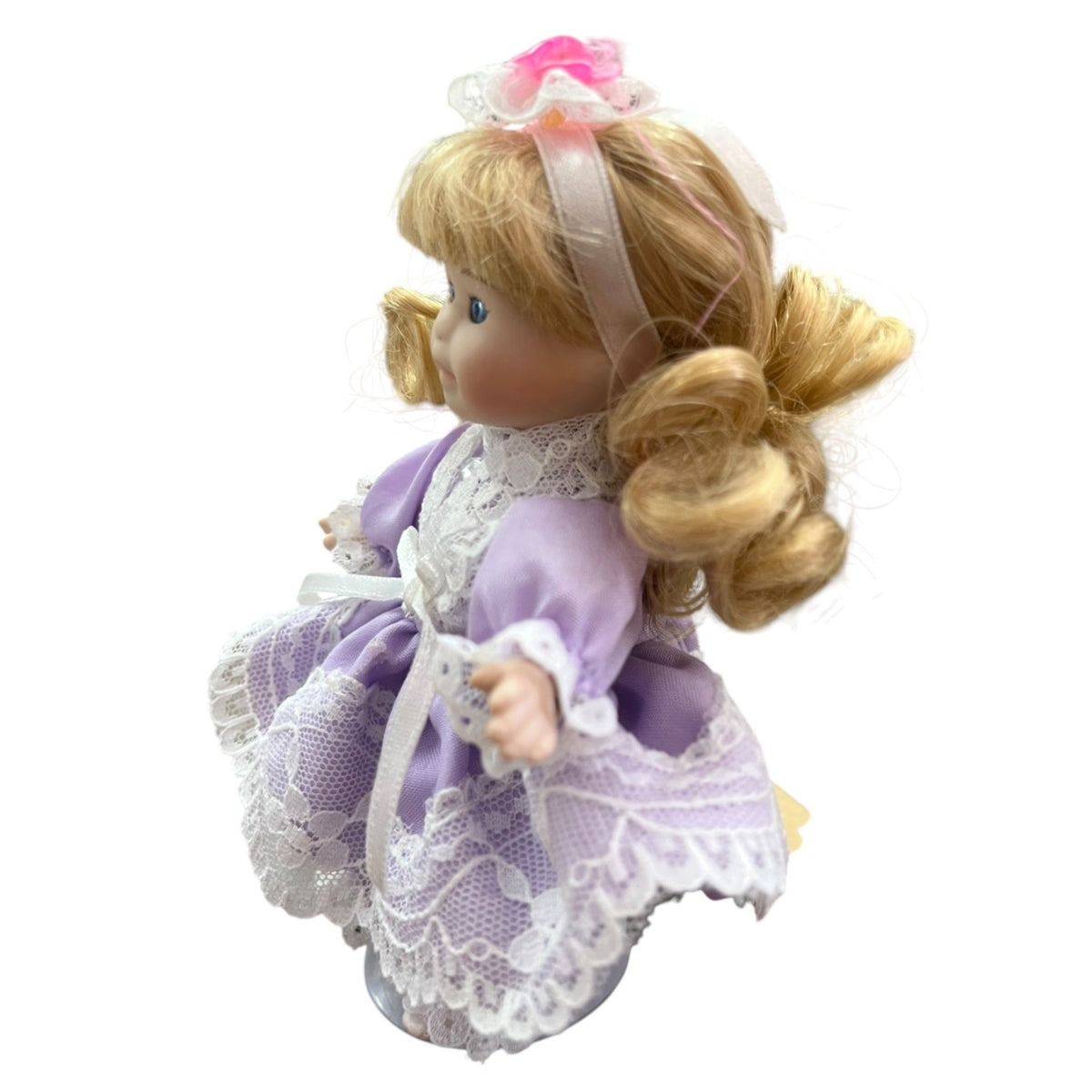 Vintage Miniature Porcelain Doll With Blonde Hair & Purple Lace Dress