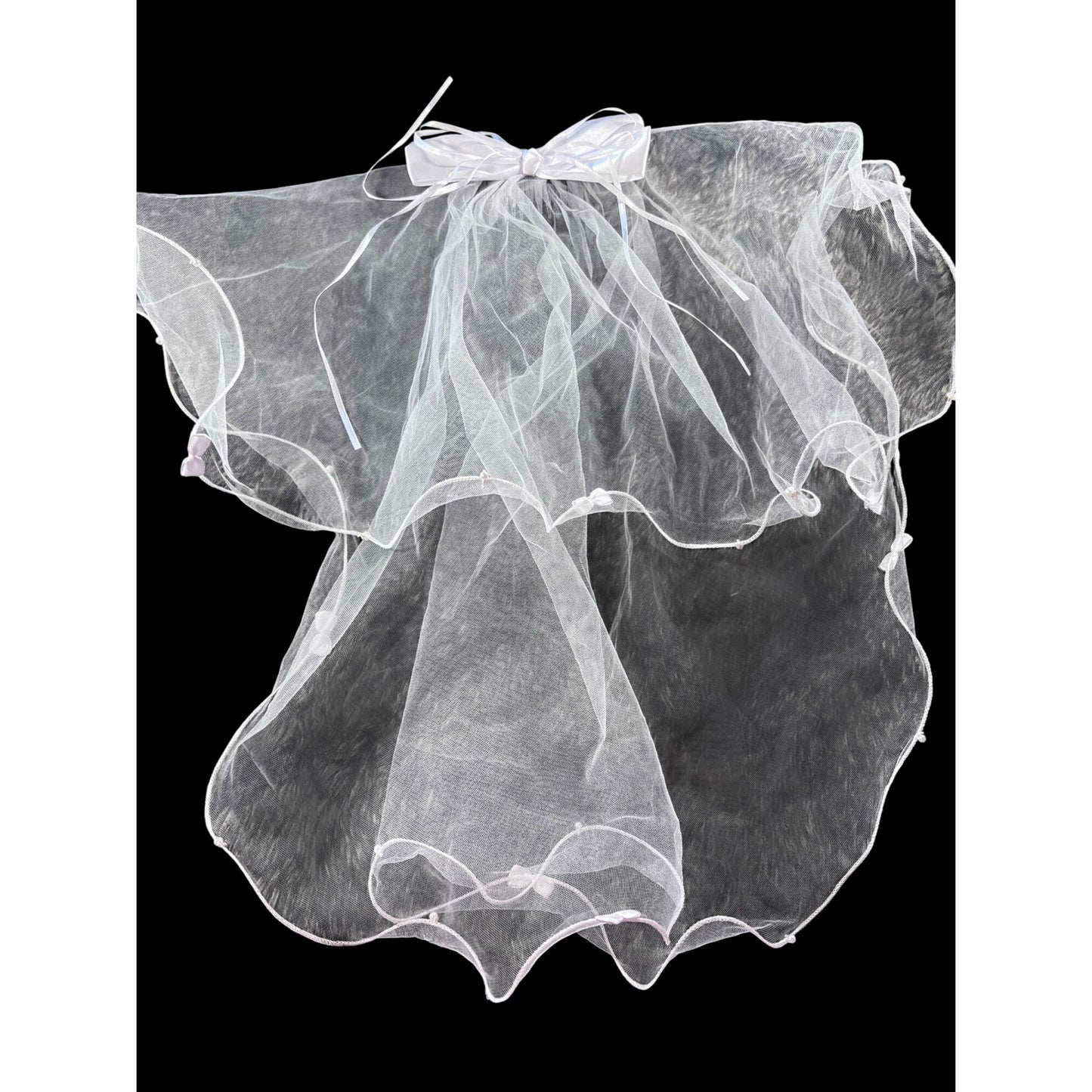 White Sheer Bow Hair Veil With Satin Accents & Pearled Trim