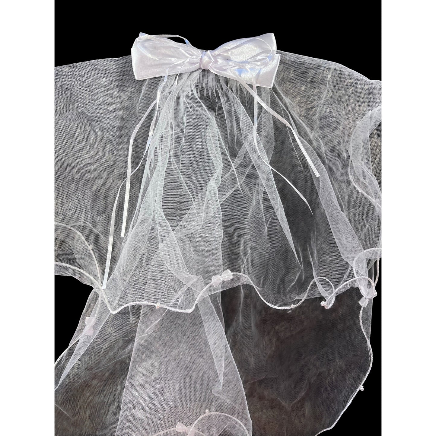 White Sheer Bow Hair Veil With Satin Accents & Pearled Trim