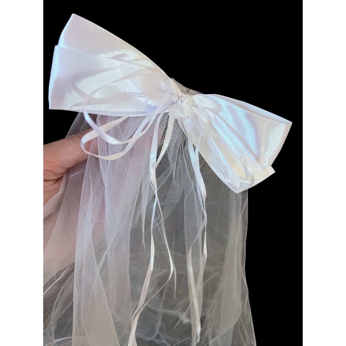 White Sheer Bow Hair Veil With Satin Accents & Pearled Trim