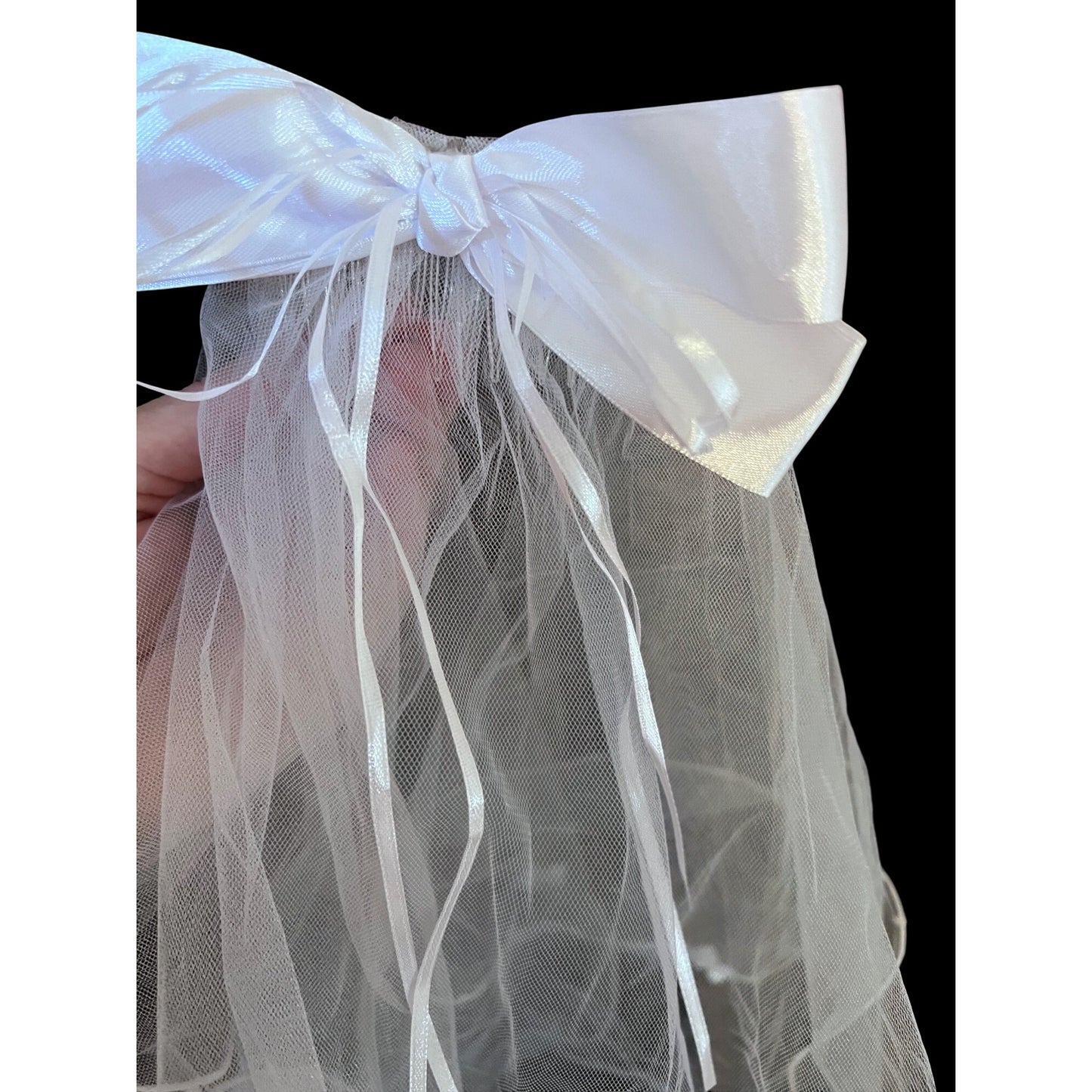 White Sheer Bow Hair Veil With Satin Accents & Pearled Trim