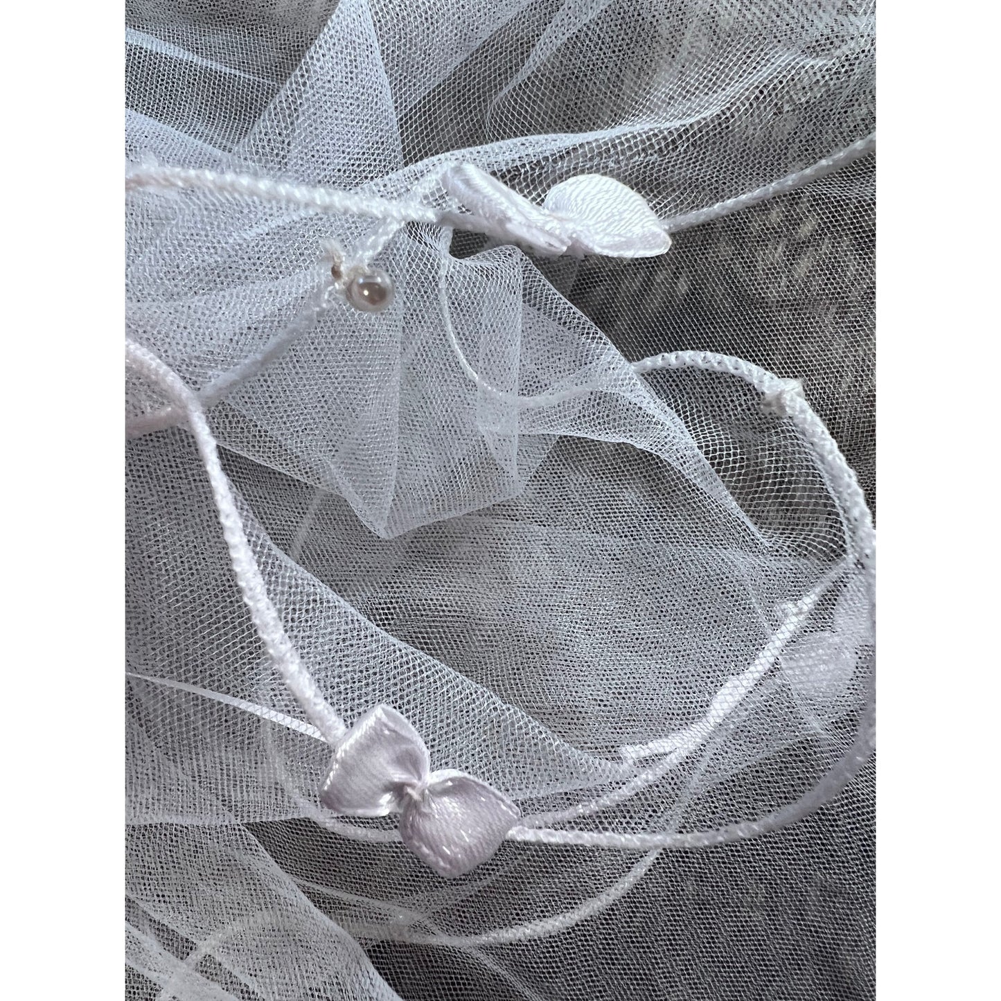White Sheer Bow Hair Veil With Satin Accents & Pearled Trim