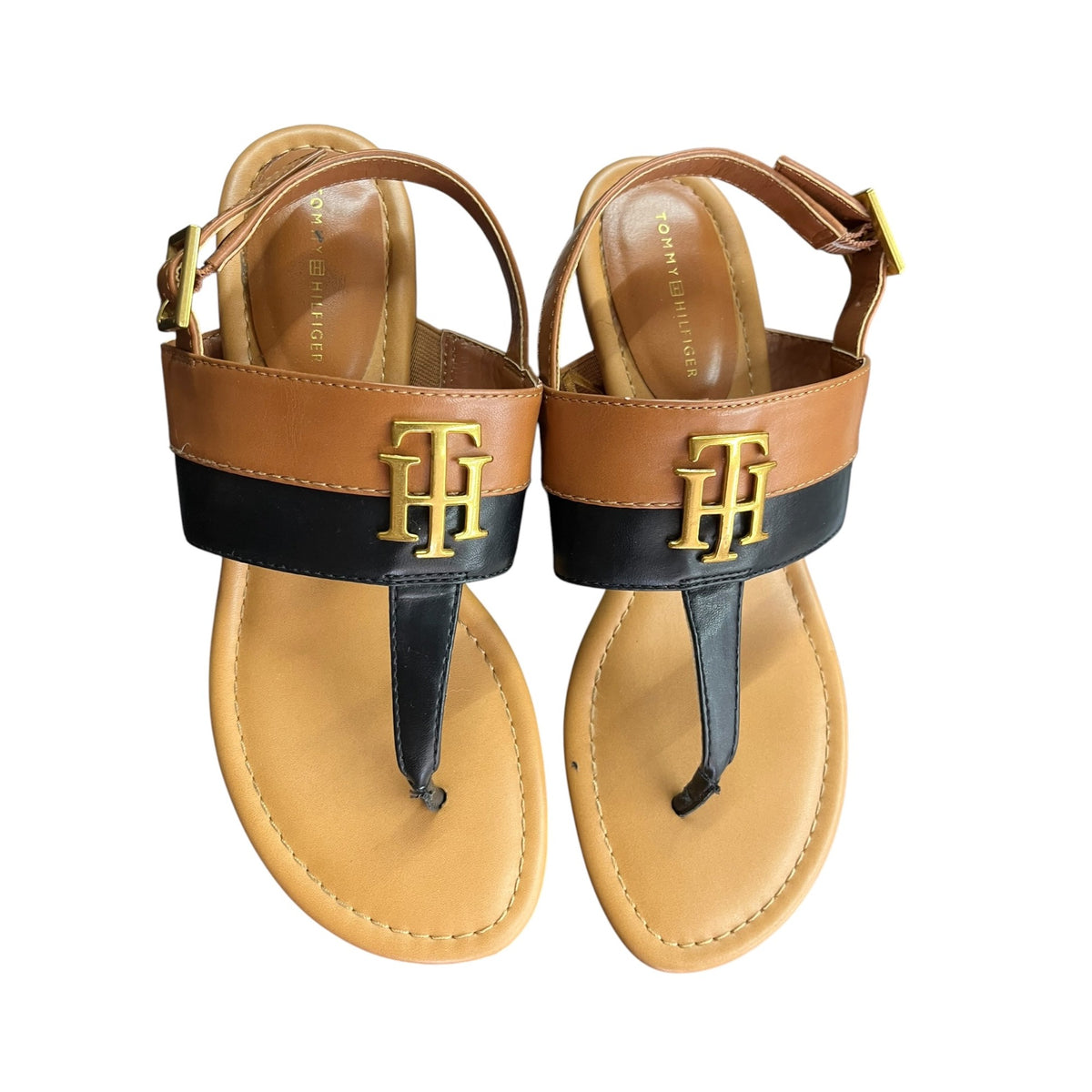 Tommy Hilfiger Women's Leather Sandals With Gold Logo Accent Size 8M