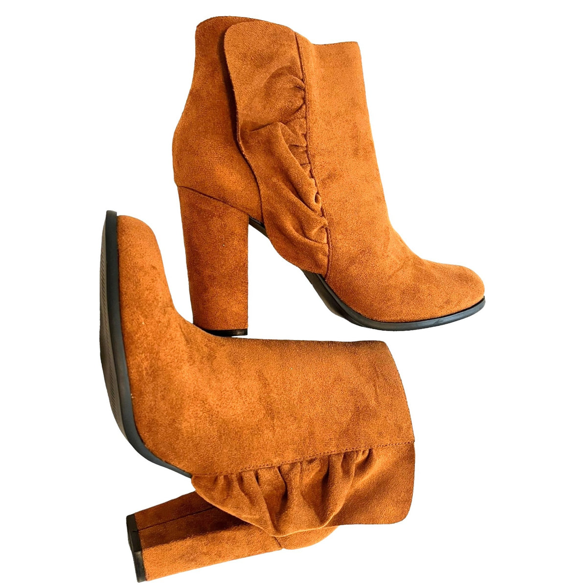 Ruffled Tan Suede Ankle Booties Size 9.5