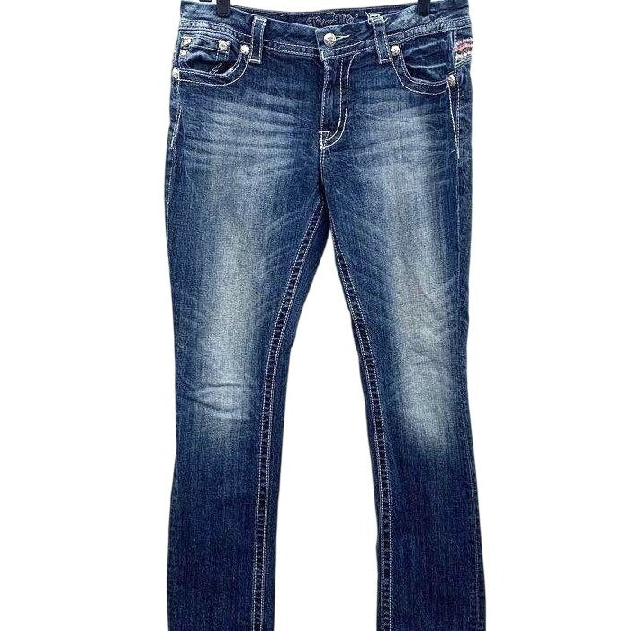 Miss Me Women's Blue Medium Wash Embellished Mid-rise Easy Straight Jeans- 29