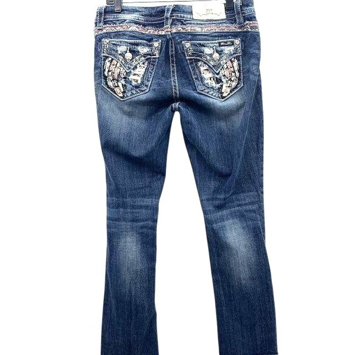 Miss Me Women's Blue Medium Wash Embellished Mid-rise Easy Straight Jeans- 29