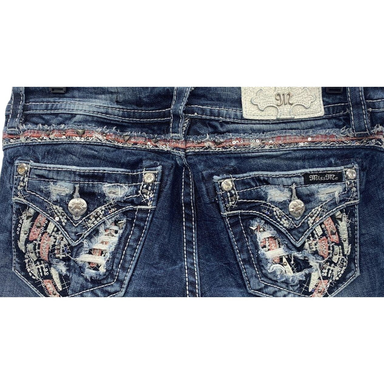 Miss Me Women's Blue Medium Wash Embellished Mid-rise Easy Straight Jeans- 29