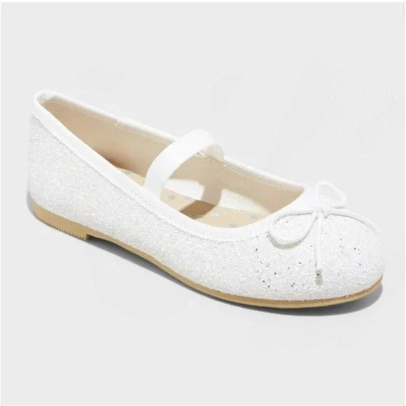 Girls Cat & Jack White Glitter Mary Jane Ballet Flats With Bow Size 6 NWT