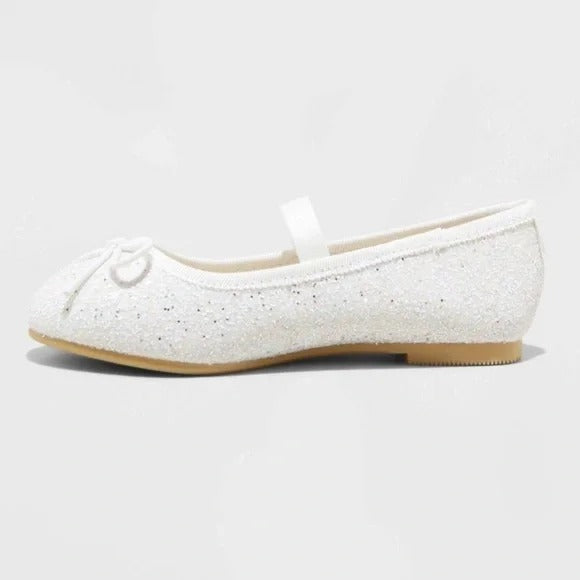 Girls Cat & Jack White Glitter Mary Jane Ballet Flats With Bow Size 6 NWT