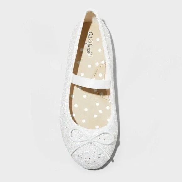 Girls Cat & Jack White Glitter Mary Jane Ballet Flats With Bow Size 6 NWT