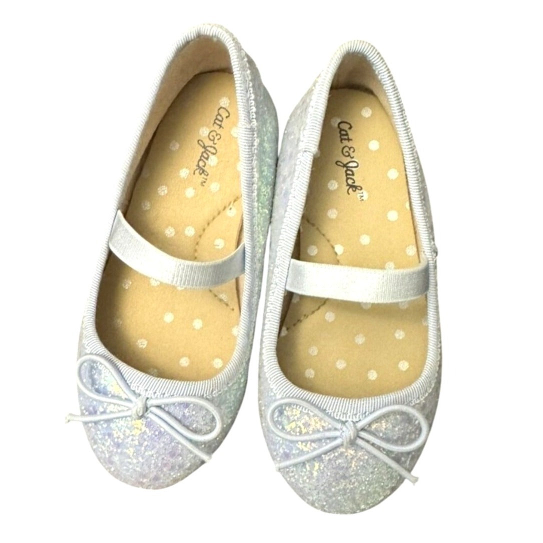 Girls Cat & Jack White Glitter Mary Jane Ballet Flats With Bow Size 6 NWT