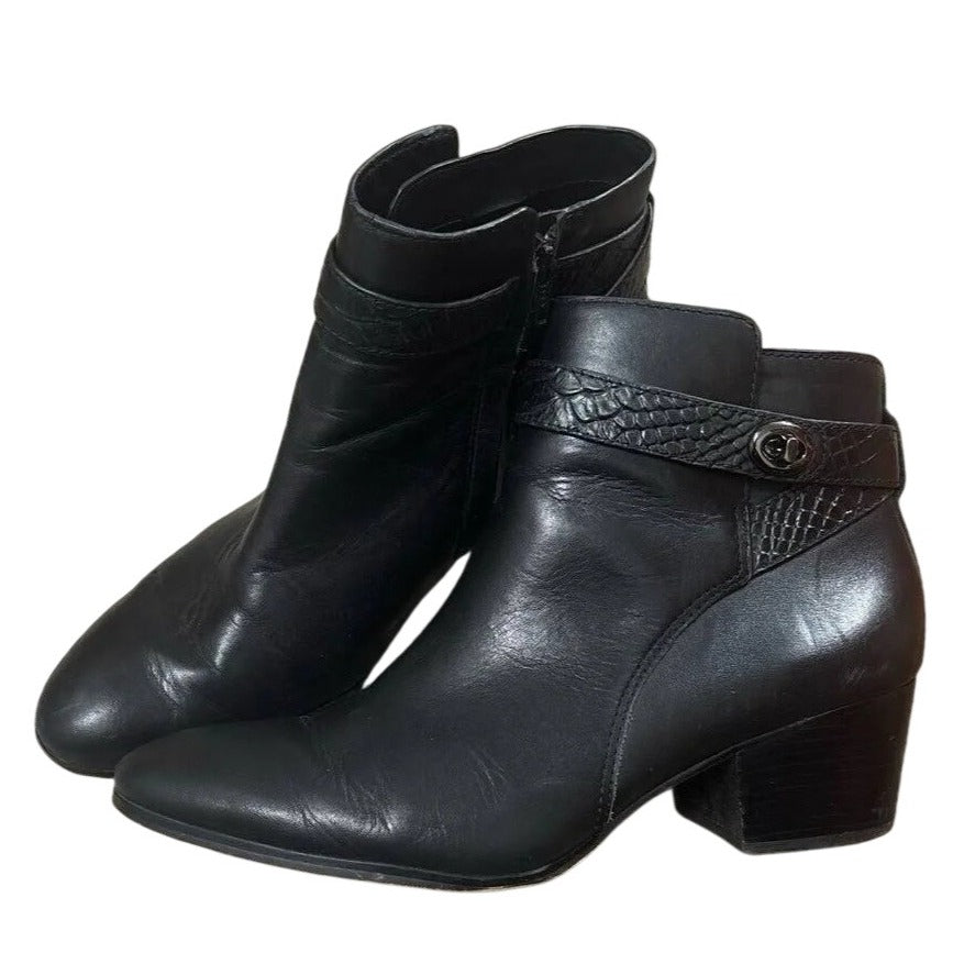 Coach Ankle Bootie Patricia Women's Black Leather Croc Embossed Strap Size 6.5