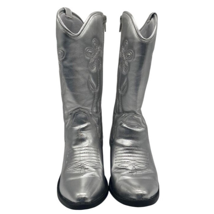 Silver Girls Western Cowboy Boots With Floral Stitching & Side Zipper Size 2 Mid-Calf Comfortable Block Heel