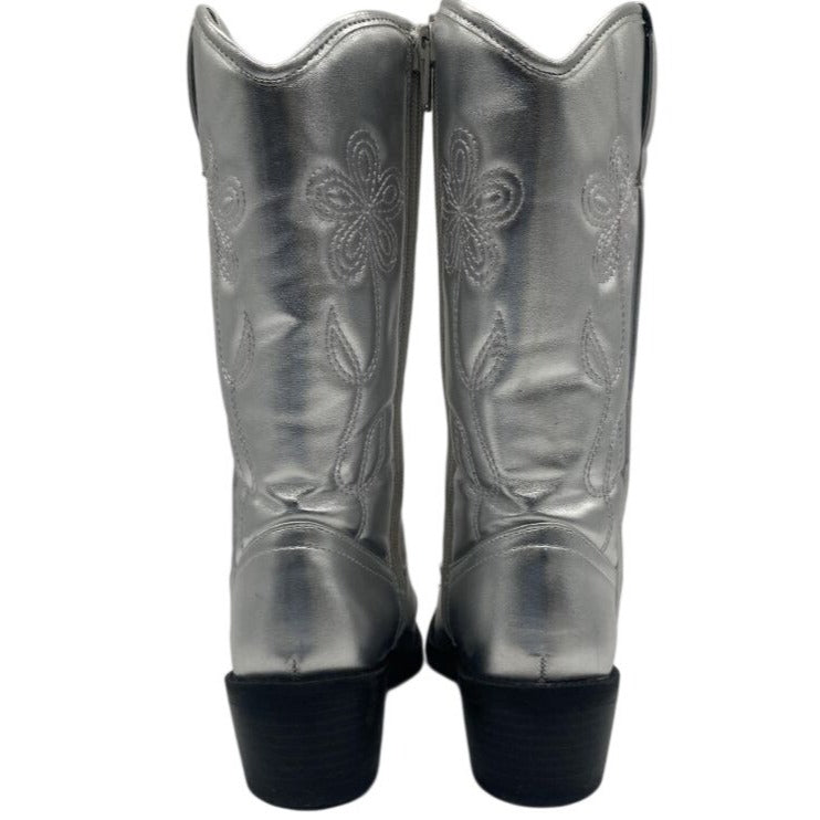 Silver Girls Western Cowboy Boots With Floral Stitching & Side Zipper Size 2 Mid-Calf Comfortable Block Heel