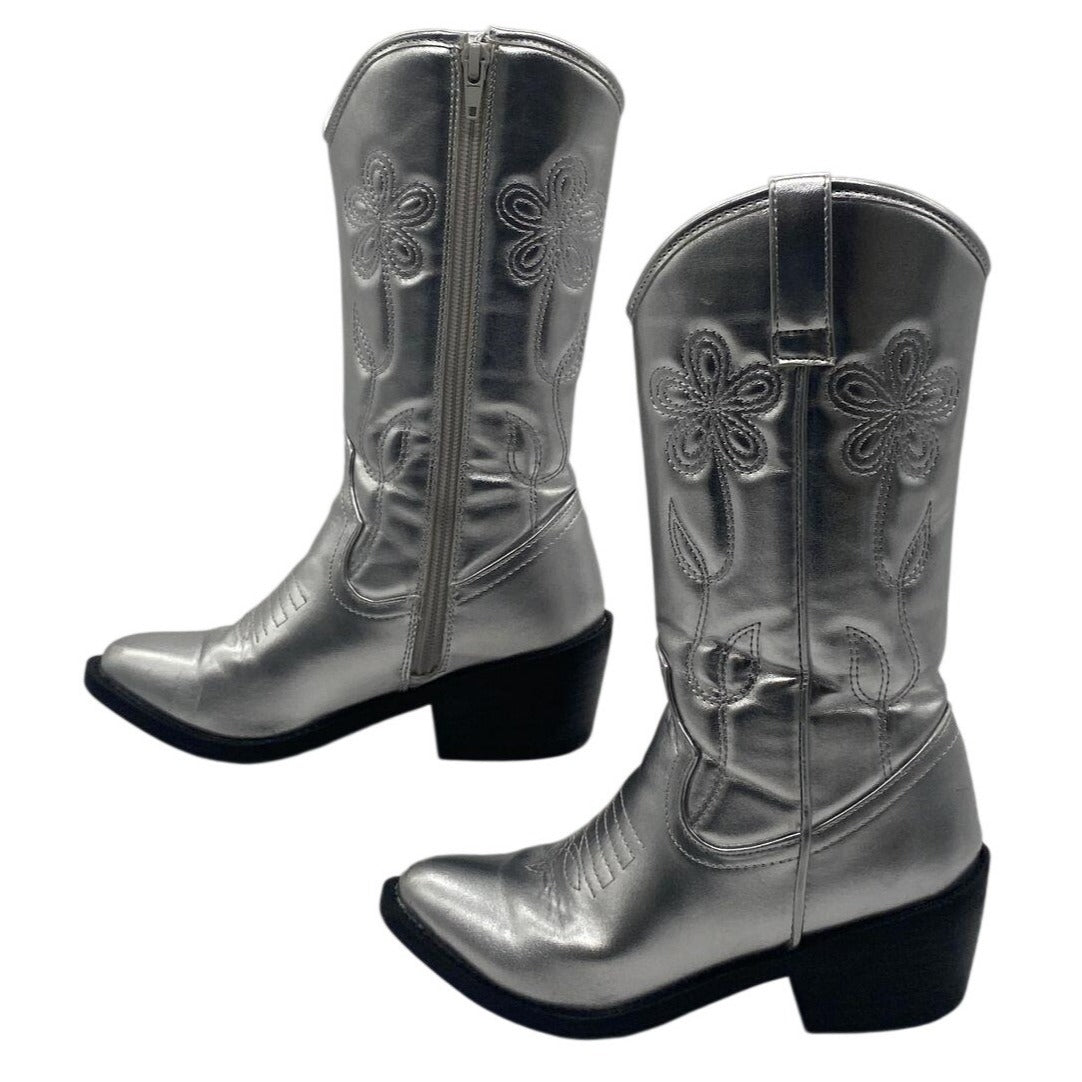 Silver Girls Western Cowboy Boots With Floral Stitching & Side Zipper Size 2 Mid-Calf Comfortable Block Heel