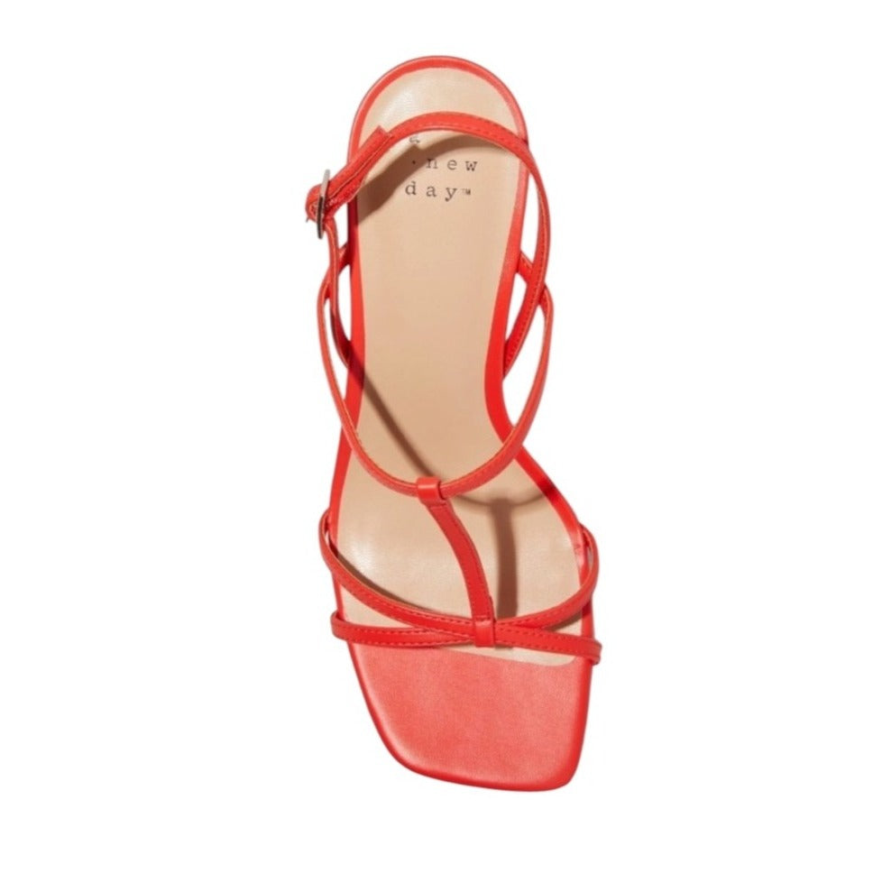 Strappy Red Heeled Sandals With Buckle Closure & Square Toe Design By A New Day Women's Size 8.5 Elegant & Comfortable