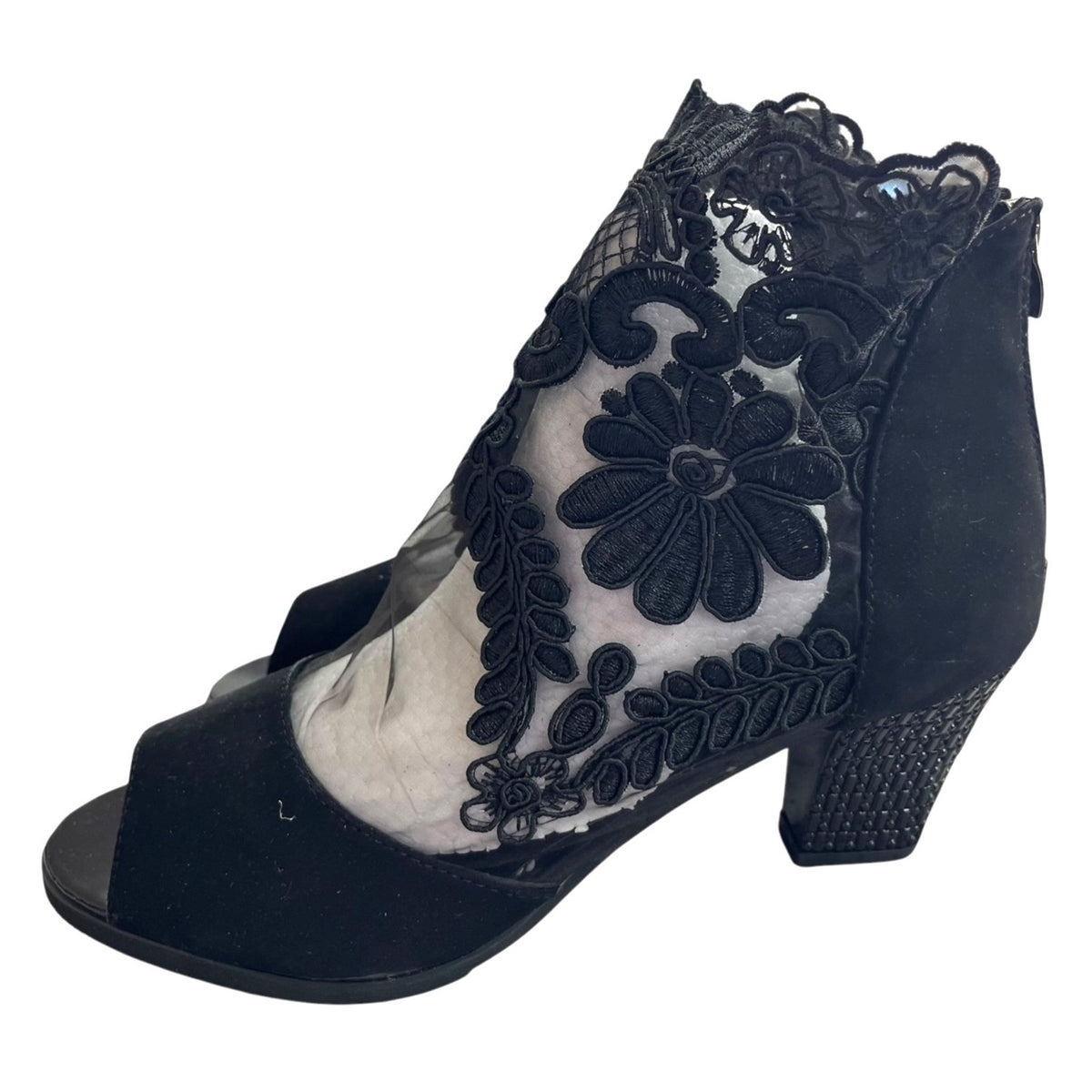 Black Embroidered Mesh Peep Toe Heels With Textured Block Heel Women’s Size 42