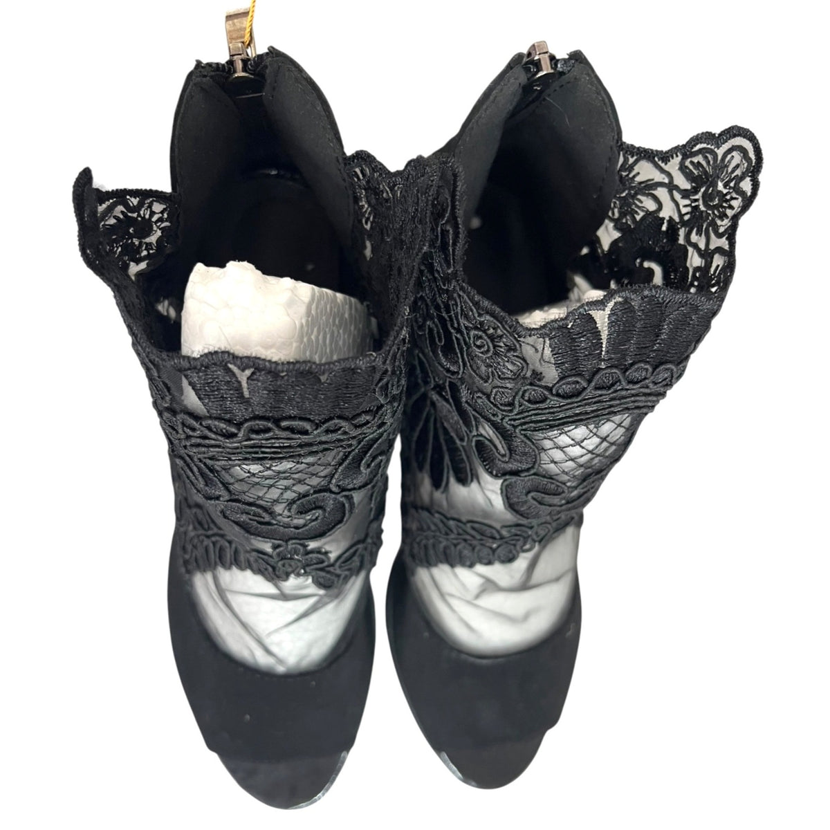 Black Embroidered Mesh Peep Toe Heels With Textured Block Heel Women’s Size 42