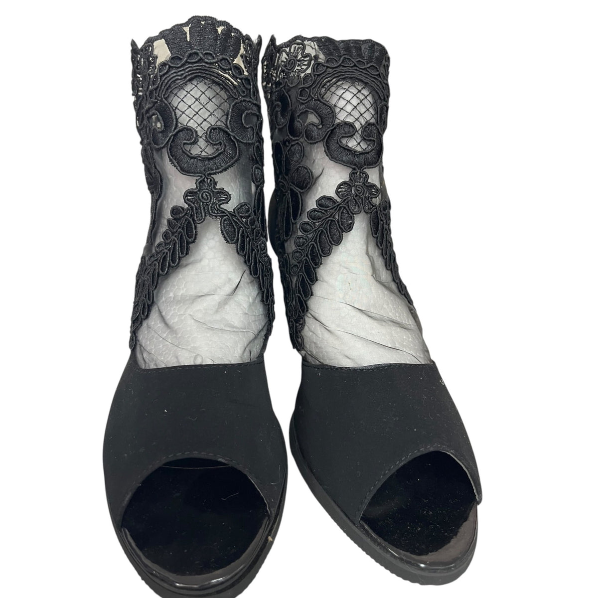 Black Embroidered Mesh Peep Toe Heels With Textured Block Heel Women’s Size 42