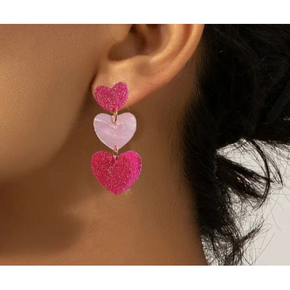 Pink & Glitter Heart Drop Earrings