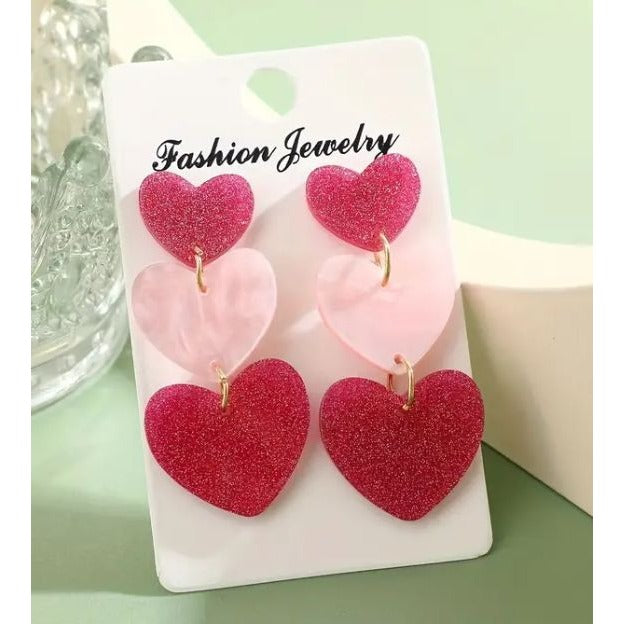 Pink & Glitter Heart Drop Earrings