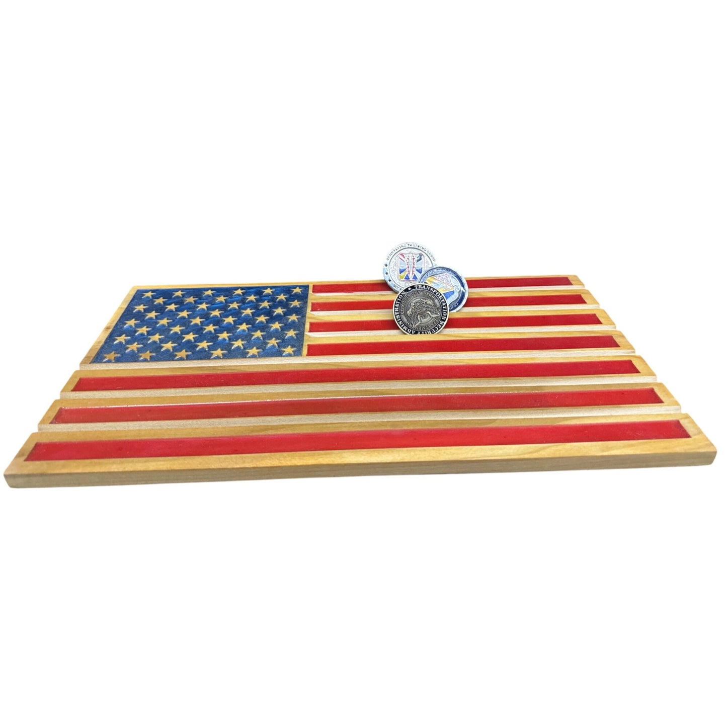 Wooden American Flag Challenge Coin Desk Display Holder Gift