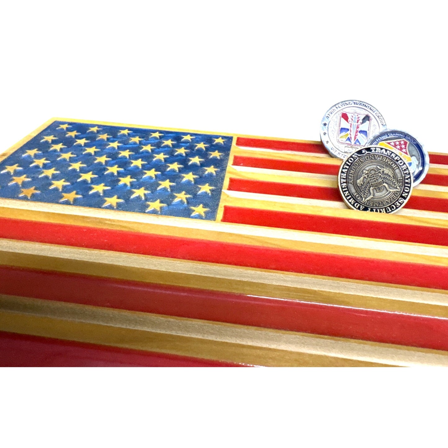 Wooden American Flag Challenge Coin Desk Display Holder Gift