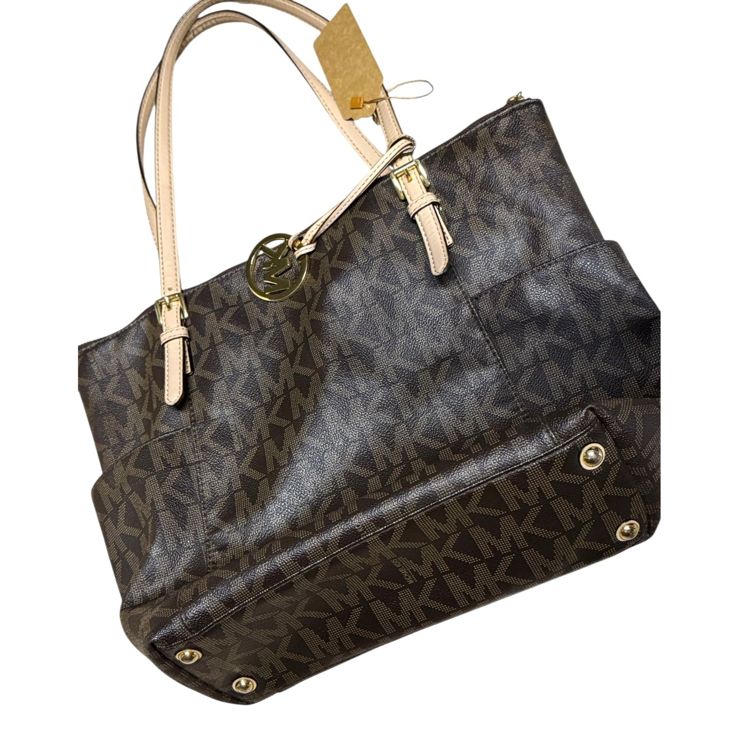 Michael Kors Signature Brown Tote Bag With Beige Handles & Gold Hardware