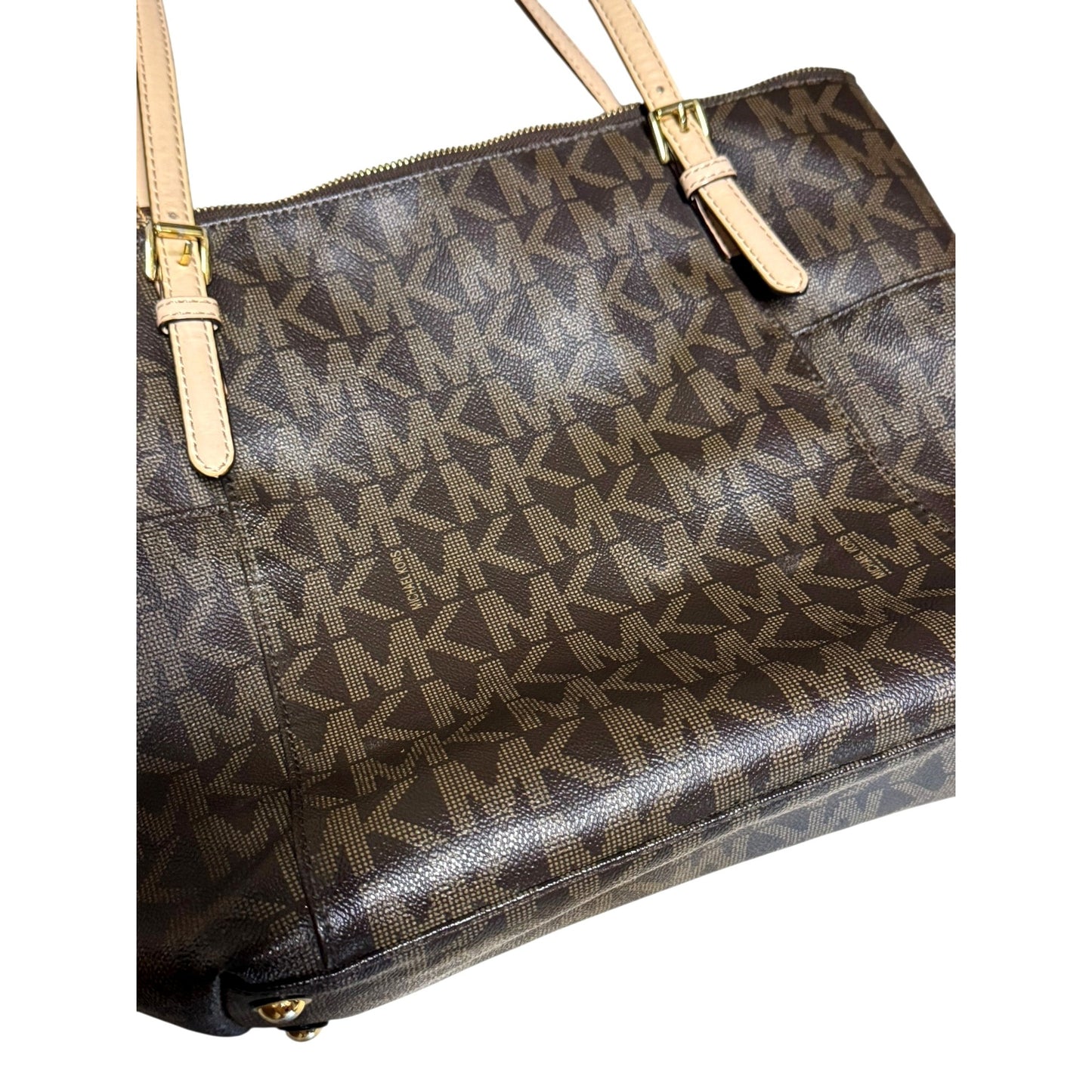 Michael Kors Signature Brown Tote Bag With Beige Handles & Gold Hardware