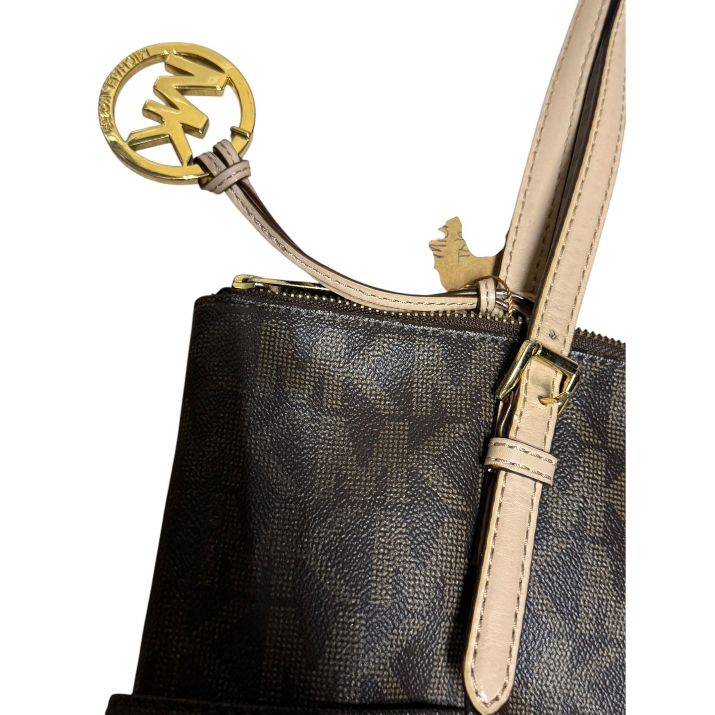 Michael Kors Signature Brown Tote Bag With Beige Handles & Gold Hardware