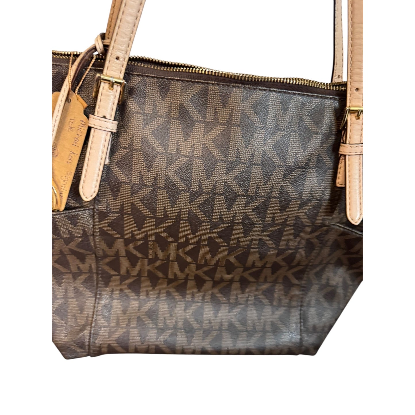 Michael Kors Signature Brown Tote Bag With Beige Handles & Gold Hardware