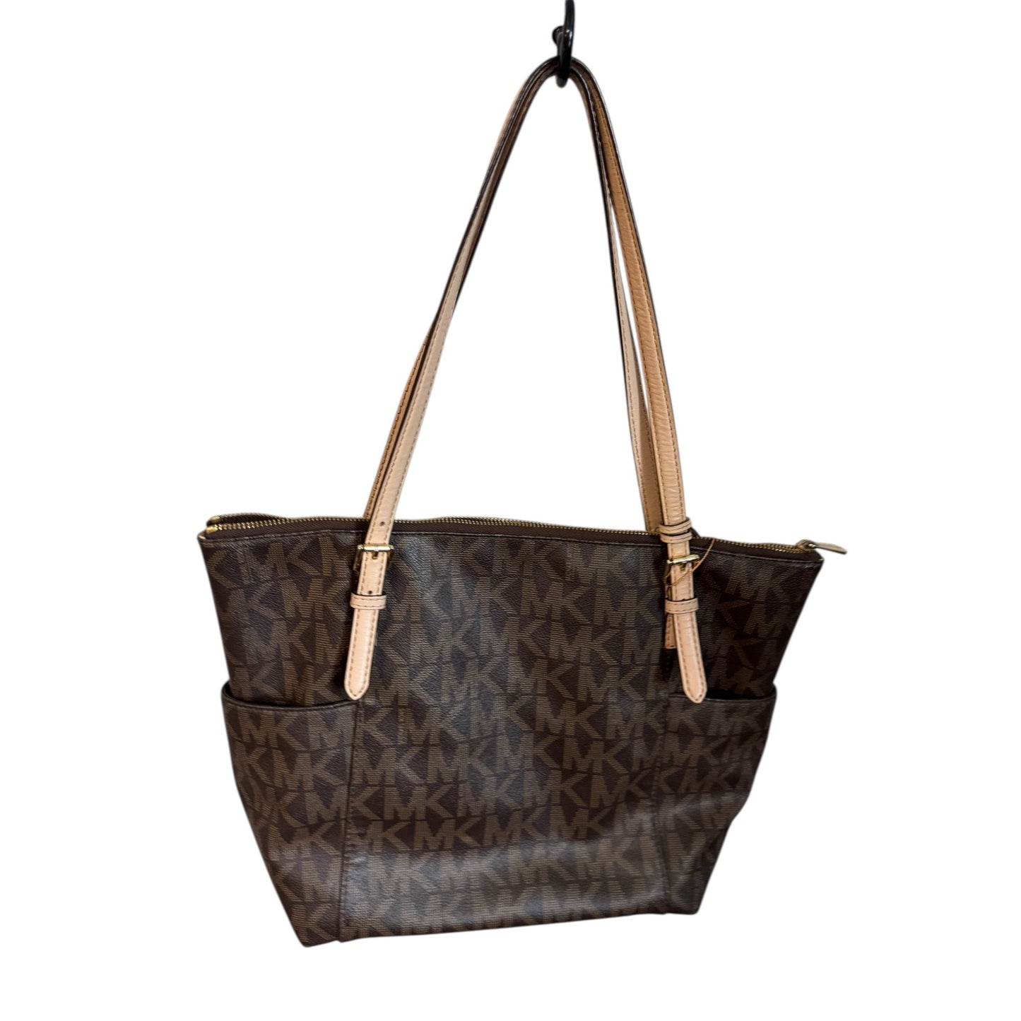 Michael Kors Signature Brown Tote Bag With Beige Handles & Gold Hardware