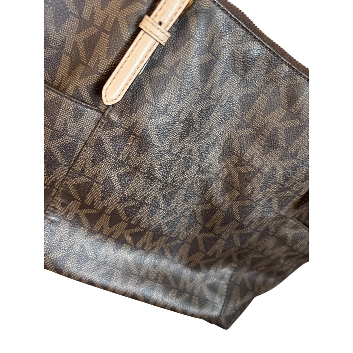 Michael Kors Signature Brown Tote Bag With Beige Handles & Gold Hardware