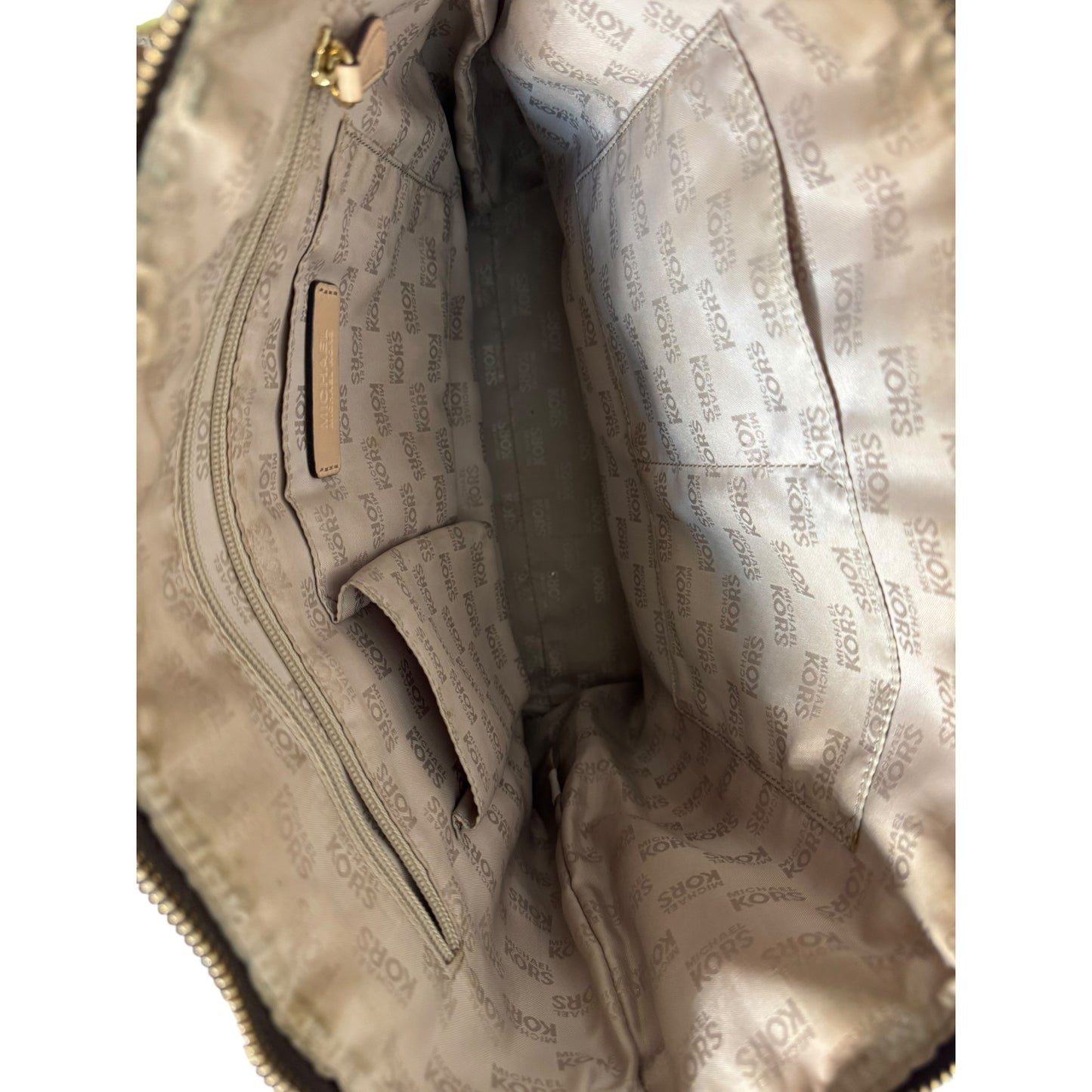Michael Kors Signature Brown Tote Bag With Beige Handles & Gold Hardware