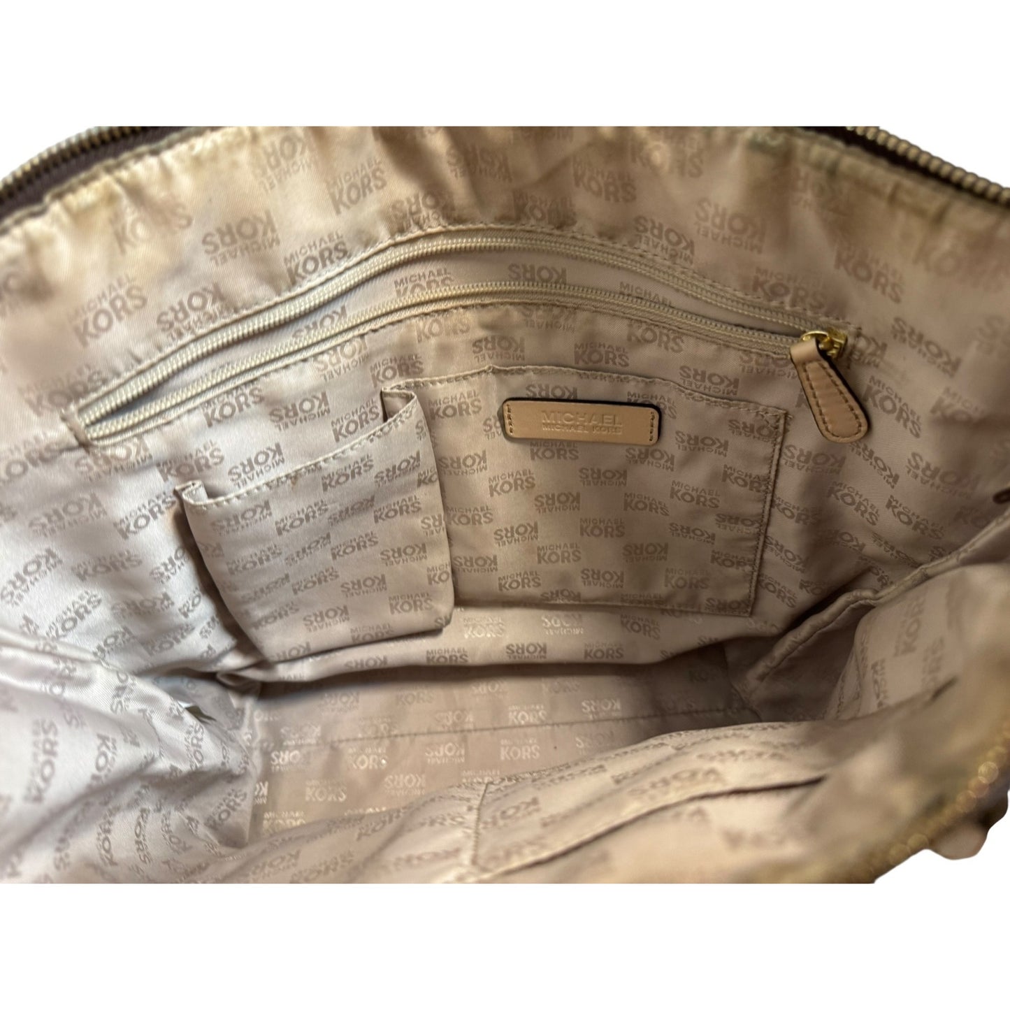 Michael Kors Signature Brown Tote Bag With Beige Handles & Gold Hardware
