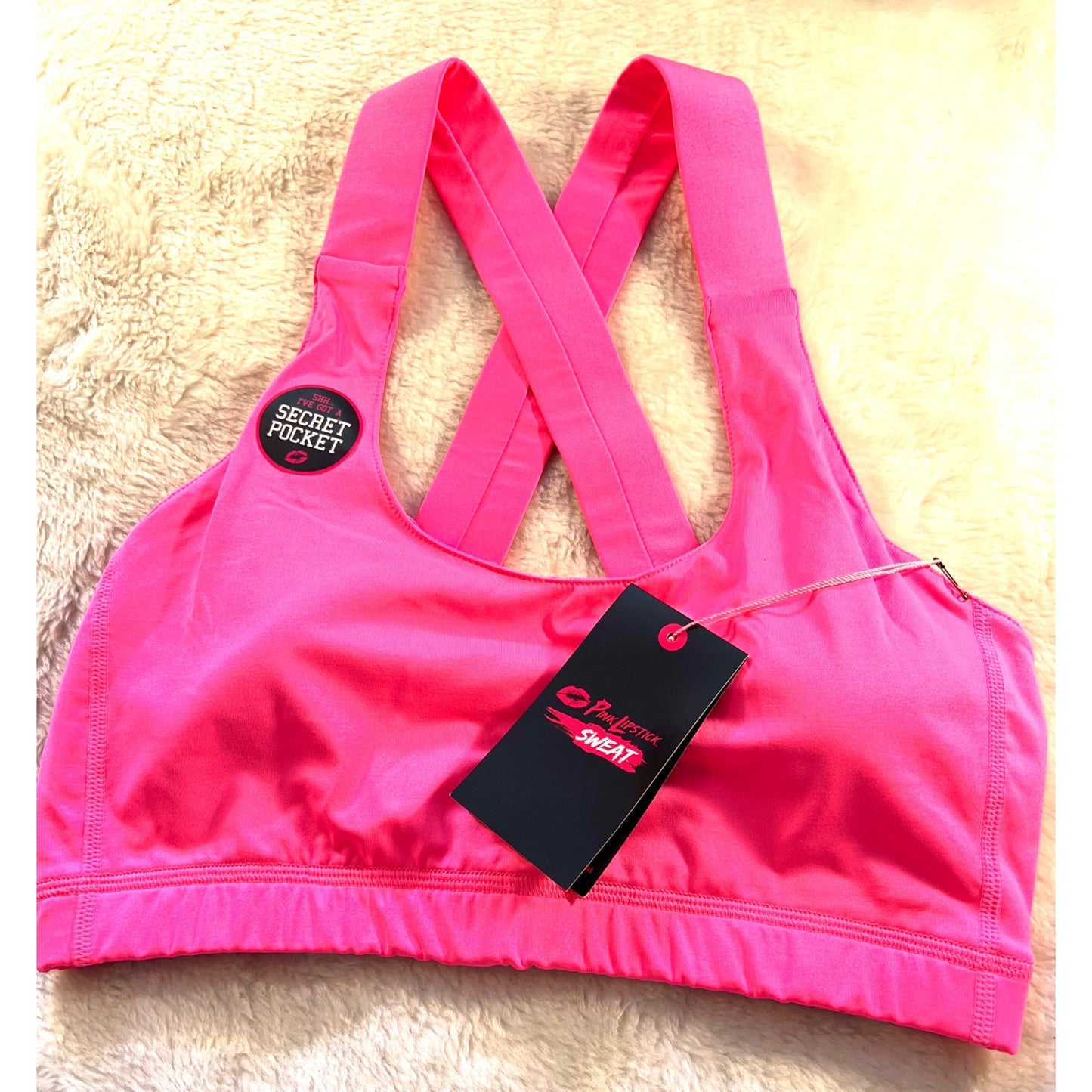 Pink Lipstick Sweat Sports Bra With Secret Pocket Crisscross Straps Pink SZ Medium NWT