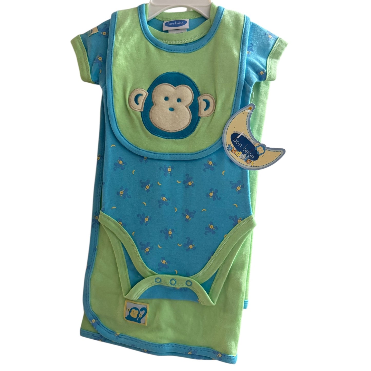 Bon Bébé 3-Piece Baby Outfit Set With Bib Bodysuit & Blanket - Monkey Design - Medium 3-6 Mos Blue/Green
