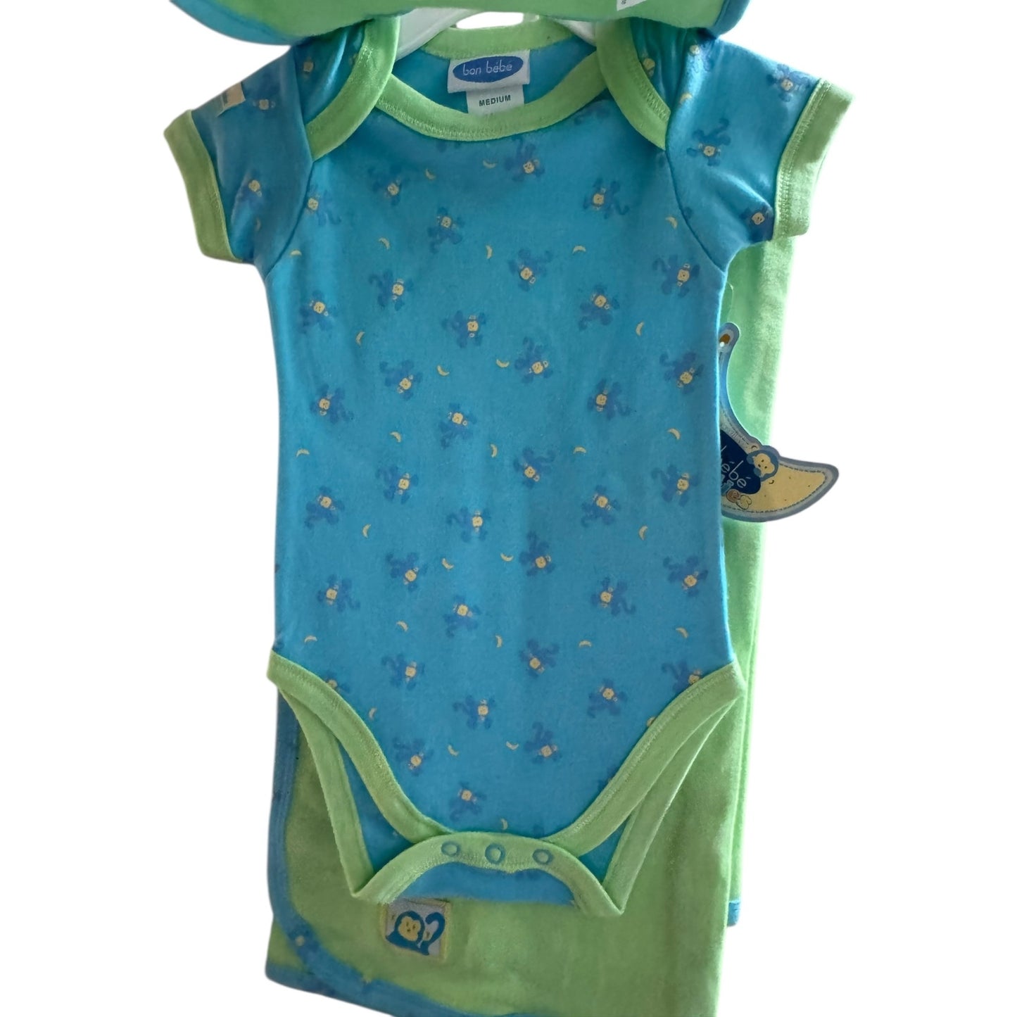 Bon Bébé 3-Piece Baby Outfit Set With Bib Bodysuit & Blanket - Monkey Design - Medium 3-6 Mos Blue/Green